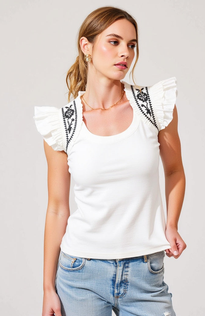 Modenaire Modenaire Ruffled Cap-Sleeve Knit Top with Embroidered Shoulder Detail