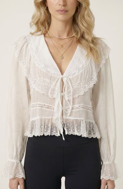 Modenaire Modenaire Ruffled Lace Trim Lightweight Tie Front Blouse