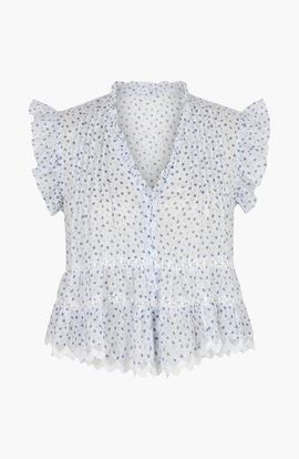 Modenaire Modenaire Ruffled V-Neck Button-Front Tiered Lace Hem Blouse