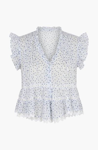 Modenaire Modenaire Ruffled V-Neck Button-Front Tiered Lace Hem Blouse