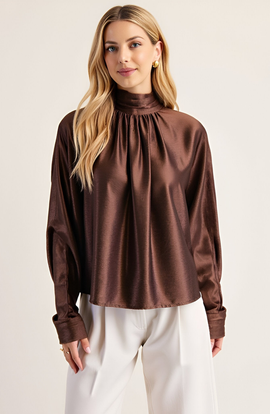 Modenaire Modenaire Satin Long Sleeve Blouse with Gathered Neckline and Tie Back Bow
