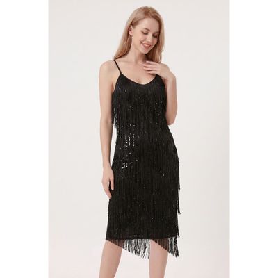 Modenaire Modenaire Sequin Fringe Midi Dress With Spaghetti Straps