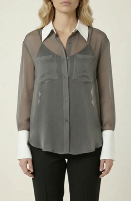 Modenaire Modenaire Sheer Button-Up Contrast Collar and Cuff Detail Blouse