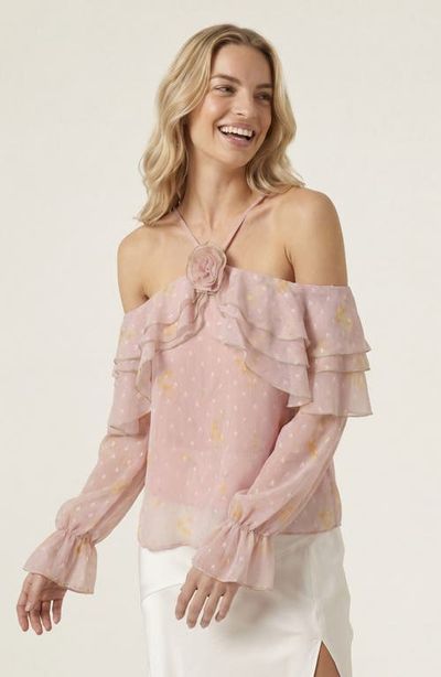 Modenaire Modenaire Sheer Cold-Shoulder Floral Applique Ruffle Trim Blouse