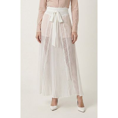 Modenaire Modenaire Sheer Lace Panel Pleated Maxi Skirt