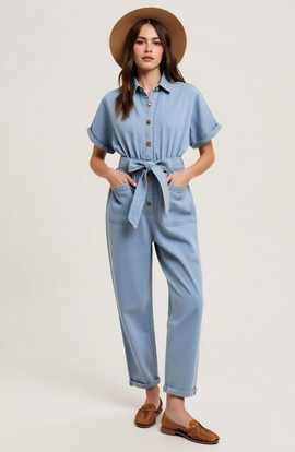 Modenaire Modenaire Short Sleeve Button Front Tie Waist Rolled Cuff Denim Jumpsuit
