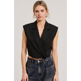 Modenaire Modenaire Sleeveless Cropped Raw-Edge Notched-Collar Blazer Vest