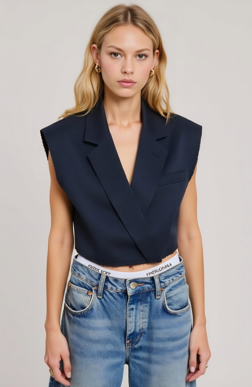 Modenaire Modenaire Sleeveless Cropped Tailored Collar Raw Edge Hem Blazer Vest
