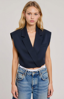 Modenaire Modenaire Sleeveless Cropped Tailored Collar Raw Edge Hem Blazer Vest