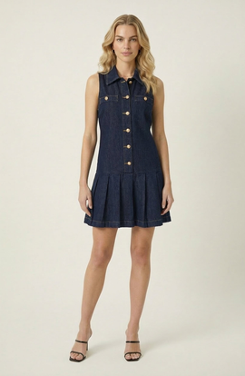 Modenaire Modenaire Sleeveless Denim Mini Dress with Pleated Hem