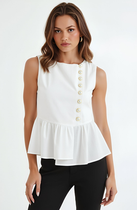 Modenaire Modenaire Sleeveless Peplum Top with Asymmetric Pearl Button Front