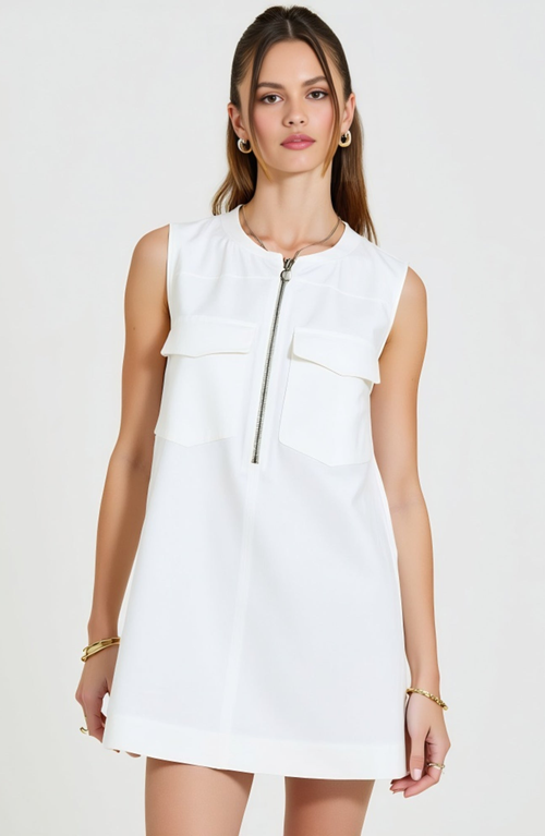 Modenaire Modenaire Sleeveless Ring-Pull Zip-Front Patch-Pocket Mini Dress