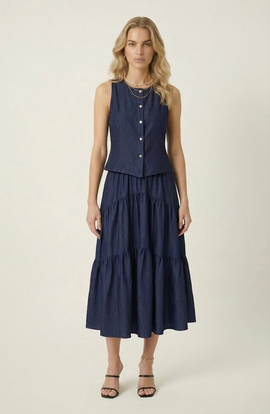 Modenaire Modenaire Sleeveless Structured Top and Tiered Midi Skirt Set