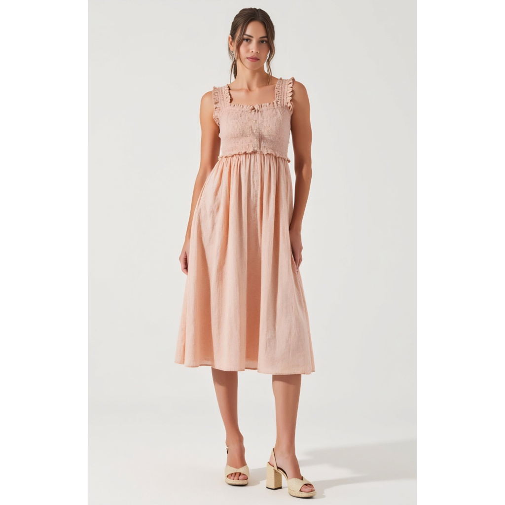 Modenaire Modenaire Smocked Button-Front Ruffle-Strap Midi Dress