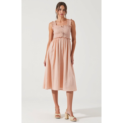 Modenaire Modenaire Smocked Button-Front Ruffle-Strap Midi Dress