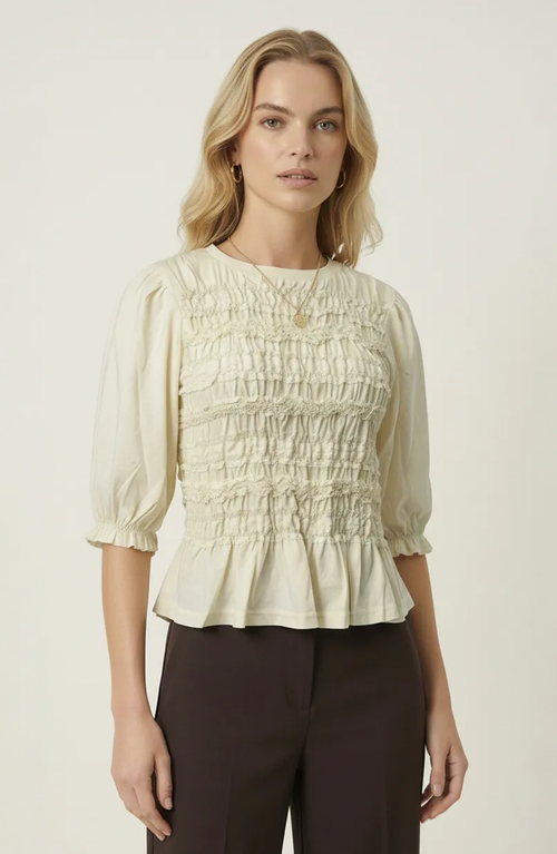 Modenaire Modenaire Smocked Peplum Puff Sleeve Blouse