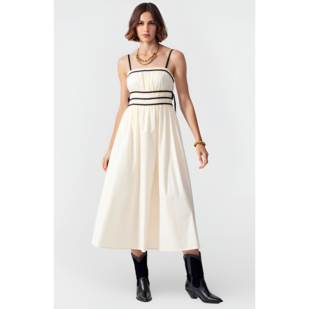 Modenaire Modenaire Smocked Waist Midi Dress with Contrast Trim and Spaghetti Straps
