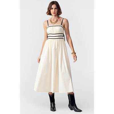 Modenaire Modenaire Smocked Waist Midi Dress with Contrast Trim and Spaghetti Straps