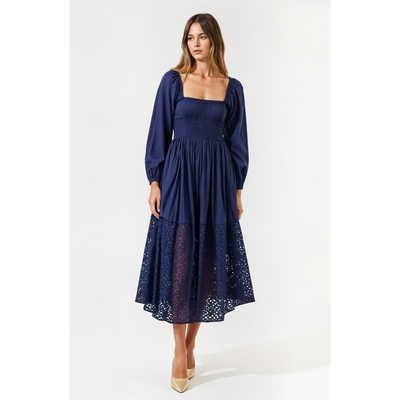 Modenaire Modenaire Square-Neck Smocked Midi Dress with Long Sleeves and Eyelet Hem
