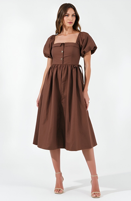 Modenaire Modenaire Square Neck Puff Sleeve Midi Dress with Side Tie Ribbon and Button Front