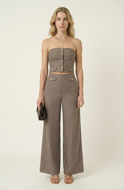 Modenaire Modenaire Strapless Button-Front Crop Top and Wide-Leg Pants Two-Piece Set