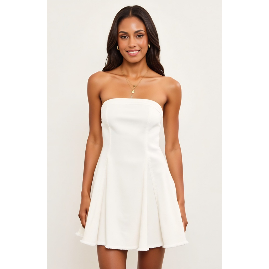 Modenaire Modenaire Strapless Fit-and-Flare Mini Denim Dress with Raw Edge Hem Detail