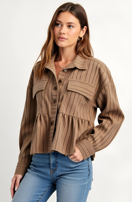 Modenaire Modenaire Striped Button-Front Shirt Jacket with Peplum Hem and Chest Pockets 