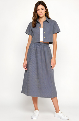 Modenaire Modenaire Striped Cropped Button-Up Shirt and Midi Skirt Set with Short Sleeves