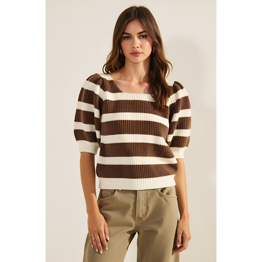 Modenaire Modenaire Striped Short Sleeve Sweater with Puff Shoulders and Square Neckline