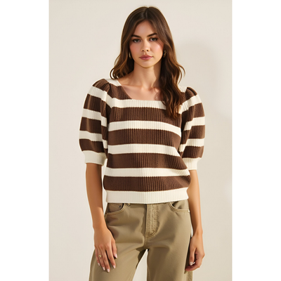 Modenaire Modenaire Striped Short Sleeve Sweater with Puff Shoulders and Square Neckline