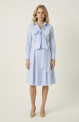 Modenaire Modenaire Striped Tie Neck Bow Waist Belt Shirt Dress