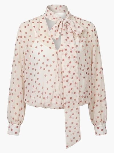 Modenaire Modenaire Summer Polka Dot Tie Neck Long Sleeve Blouse