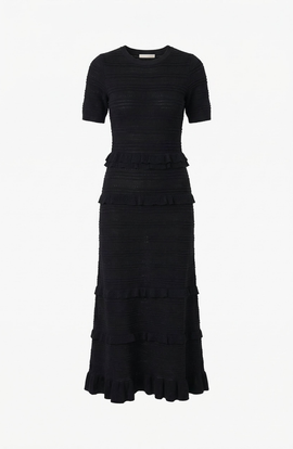 Modenaire Modenaire Textured Ruffle Trim Knit Midi Dress