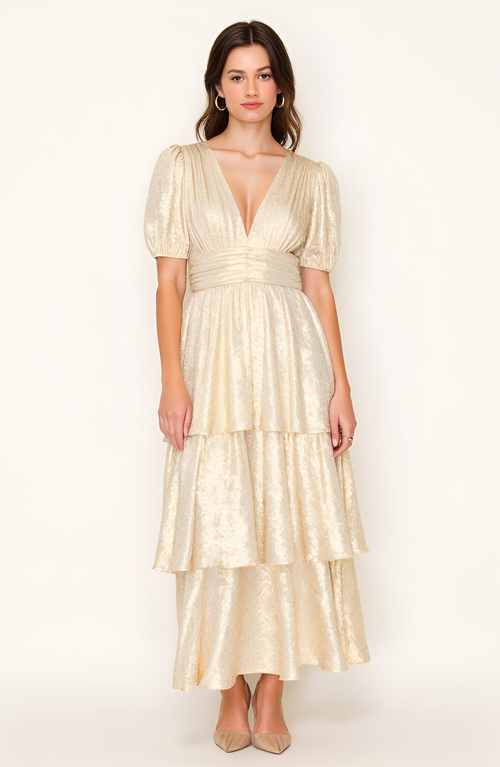 Modenaire Modenaire Tiered Metallic Puff Sleeve Pleated Waist Maxi Dress