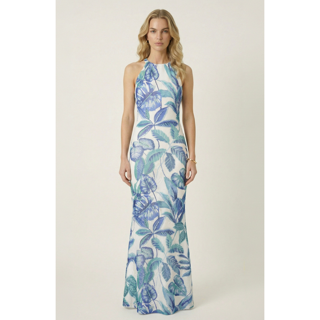 Modenaire - Tropical Print Halter Neck Maxi Dress