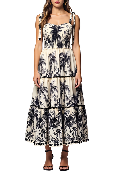 Modenaire Modenaire Tropical Print Tiered Midi Dress with Pom Trim and Smocked Bodice