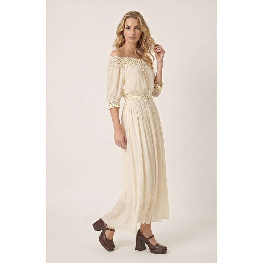 Modenaire Modenaire Two Piece Off Shoulder Crochet Top and Maxi Skirt Set