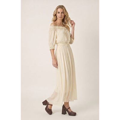 Modenaire Modenaire Two Piece Off Shoulder Crochet Top and Maxi Skirt Set