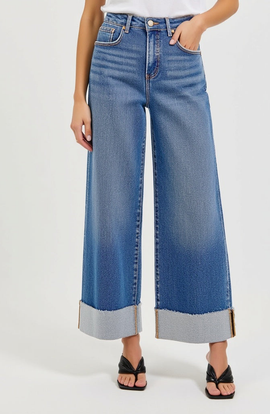 Modenaire Modenaire Wide-Leg Cuffed Jeans with Contrast Raw Hem