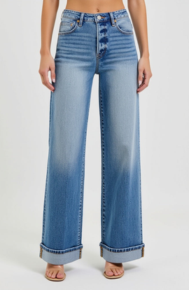 Modenaire Modenaire Wide Leg Button-Fly Cuffed Jeans with Front Patch Pockets