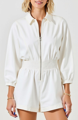 Modenaire Modenaire Zip Front Long Sleeve Romper with Elastic Waist and Collar Detail