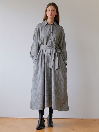 MODERNABLE Check Maxi Shirt Dress (Gray)