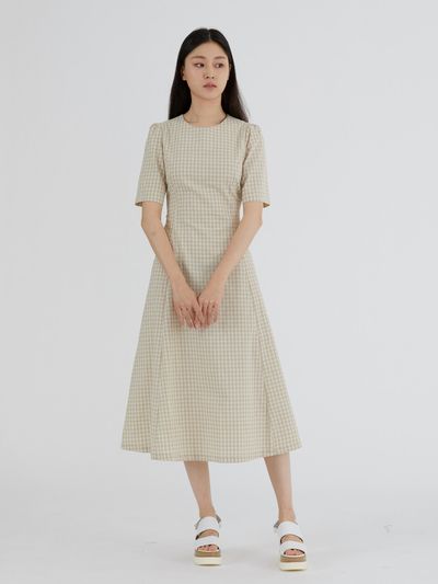 MODERNABLE Ribbon Point Check Dress (Beige)