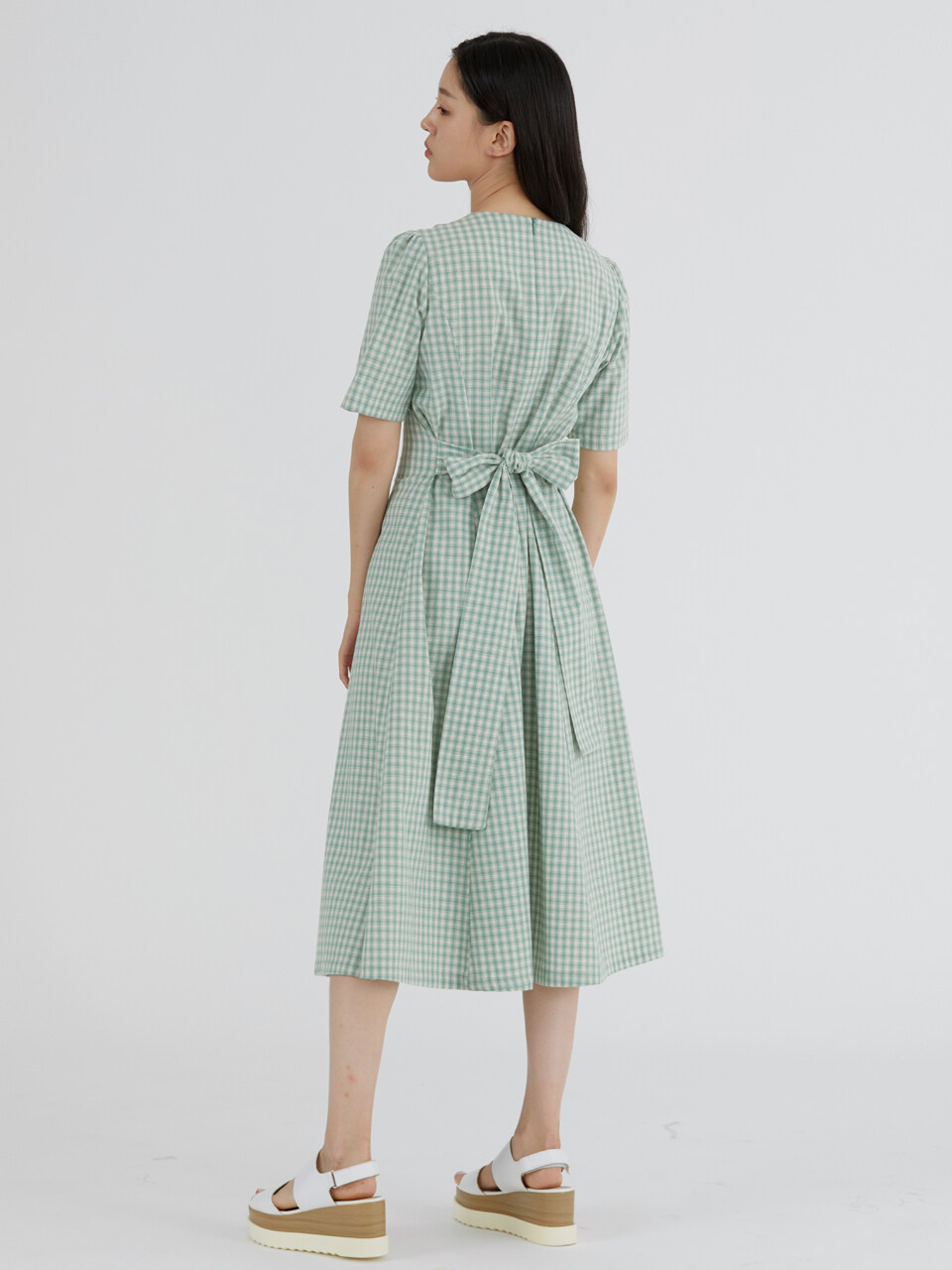 MODERNABLE Ribbon Point Check Dress (Green)