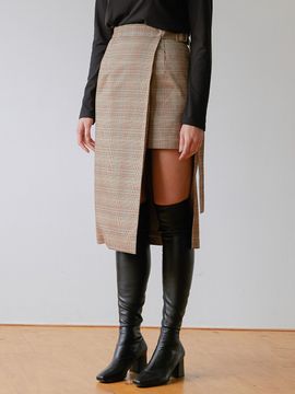 MODERNABLE Unbalance Check Wrap Long Skirt (Brown)