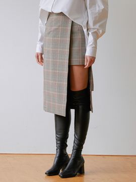 MODERNABLE Unbalance Check Wrap Long Skirt (Gray)