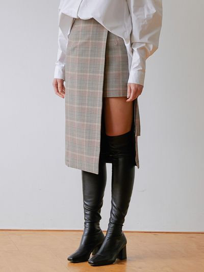 MODERNABLE Unbalance Check Wrap Long Skirt (Gray)