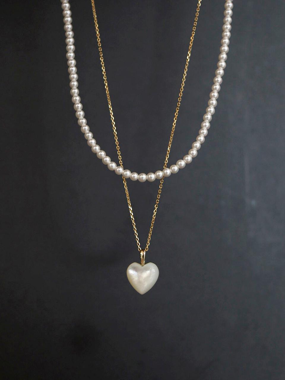 modernlike 14k Gold-filled Silver Pearl Heart 2-Piece Necklace [Beige]