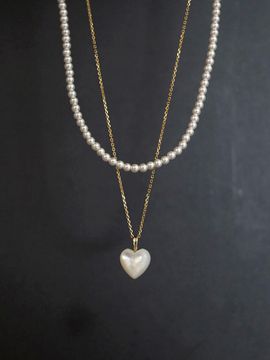 modernlike 14k Gold-filled Silver Pearl Heart 2-Piece Necklace [Beige]