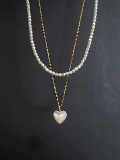 modernlike 14k Gold-filled Silver Pearl Heart 2-Piece Necklace [Beige]